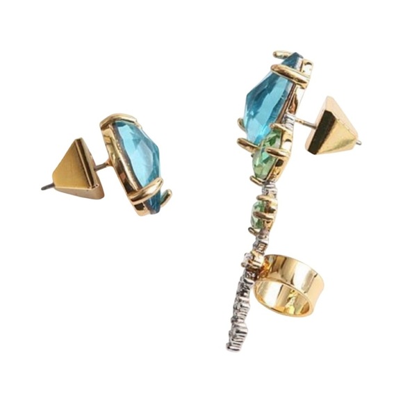 ALEXIS BITTAR • Asymmetrical Blue & Green Crystal Ear Climber & Stud Earrings - Picture 3 of 8